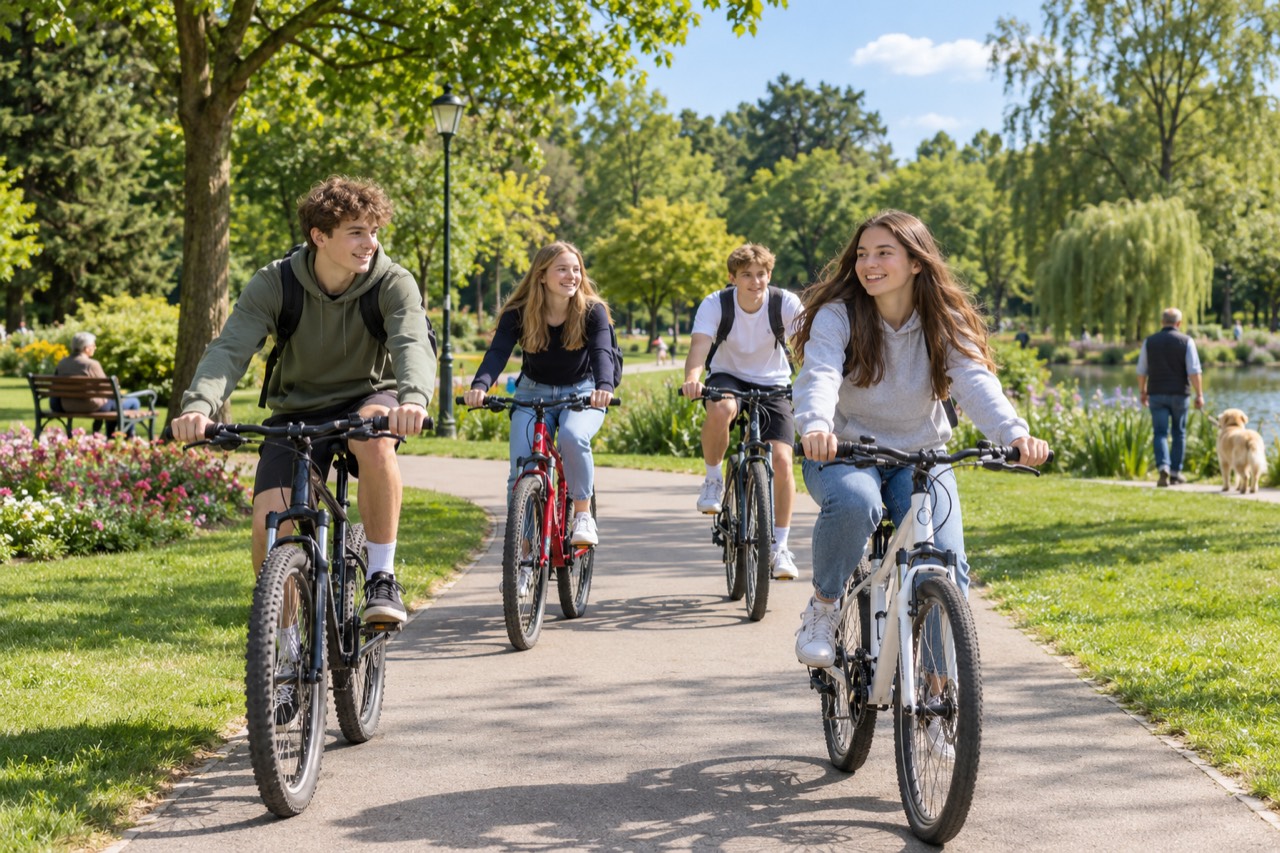 Nastolatki jadą na rowerach przez park.