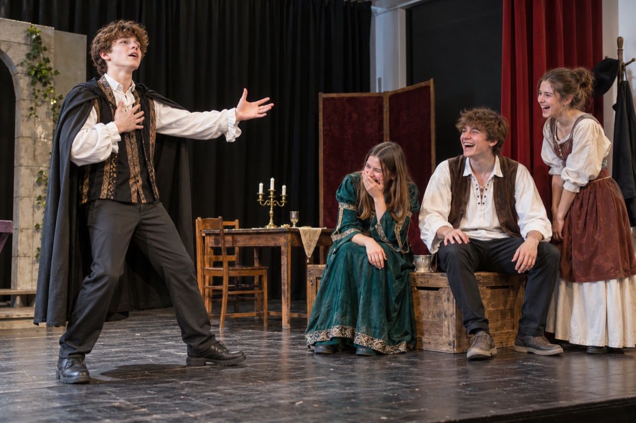 Nastolatki ćwiczą scenę na próbie teatralnej.